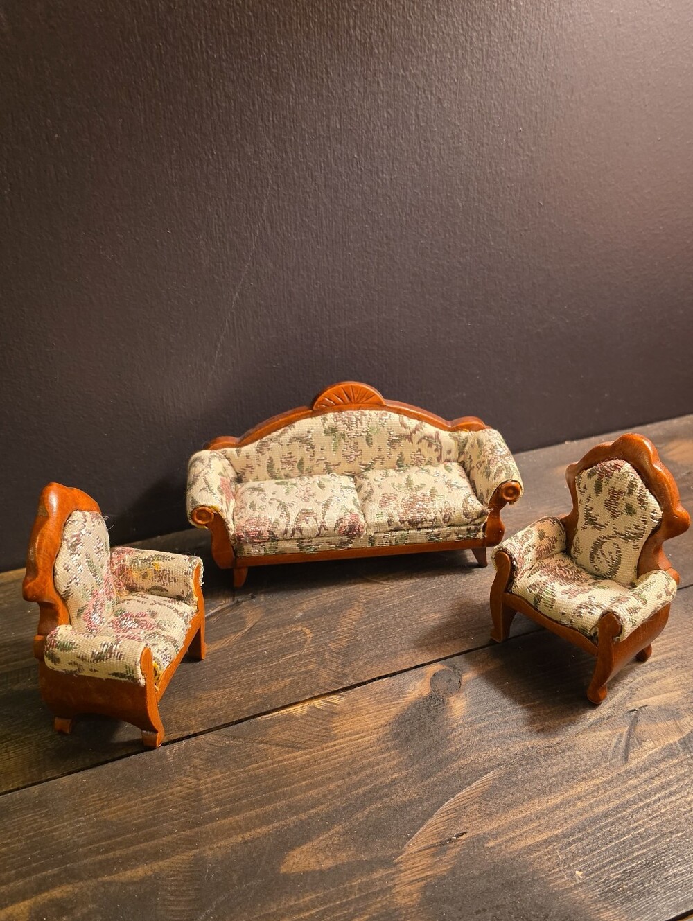 Victorian Dollhouse Sofa 2 Chairs Set Mahogany Floral Brocade Miniature 1:12
